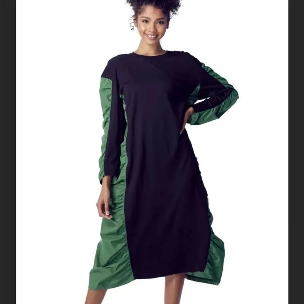TOV Holy Black and Green Crew Neck Midi Dress